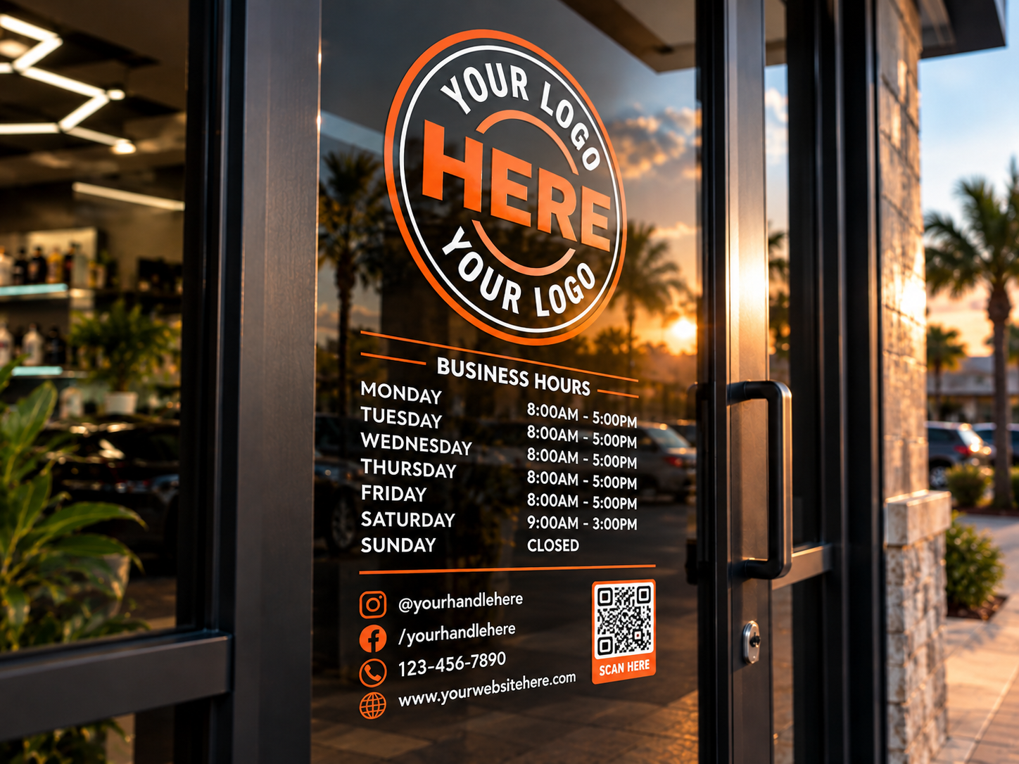 Your Logo Here example of custom business window lettering